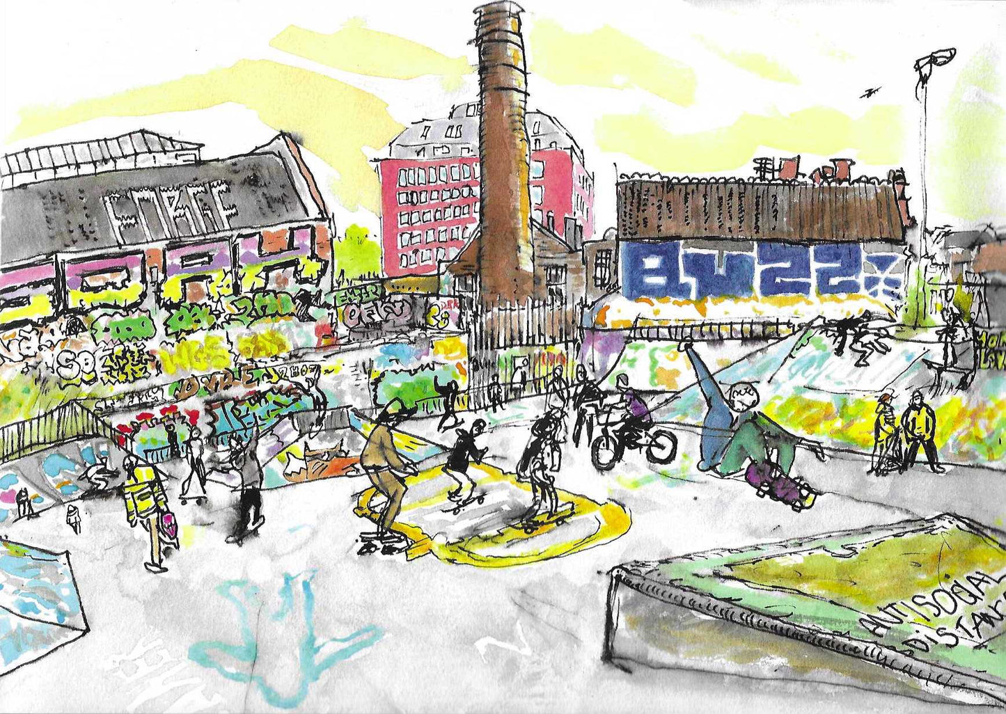 Dean Lane Skate Park colour illustration print