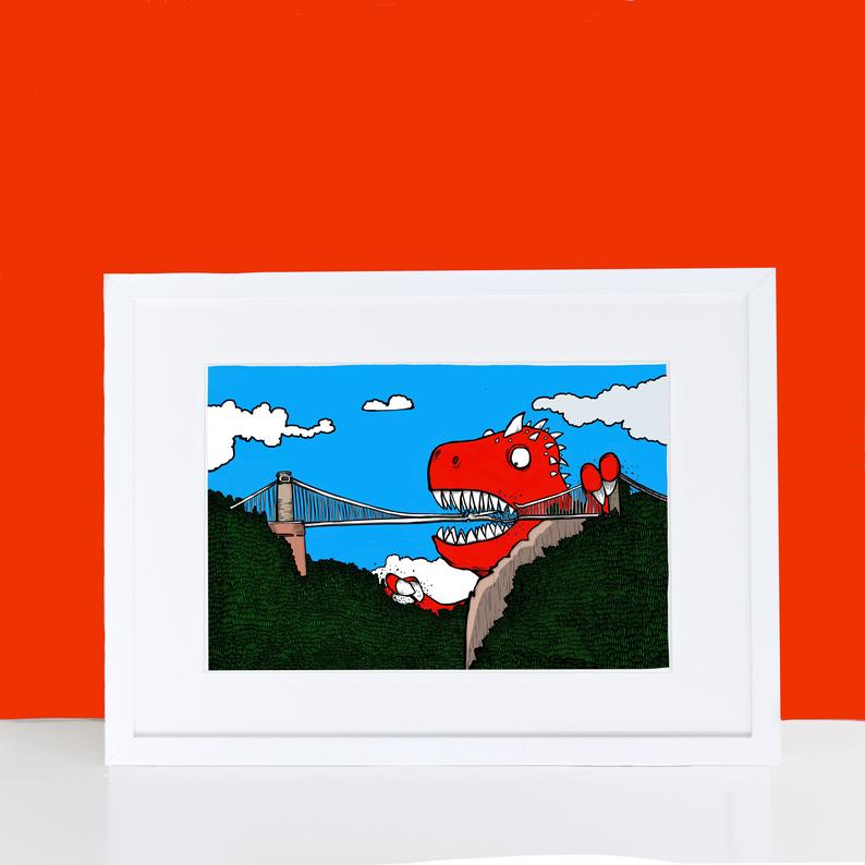Glass Designs Dixon Does Doodles Dinosaur Vs Suspension Bridge Print. An illustration print of a giant red dinosaur eating the Bristol Clifton Suspension Bridge.