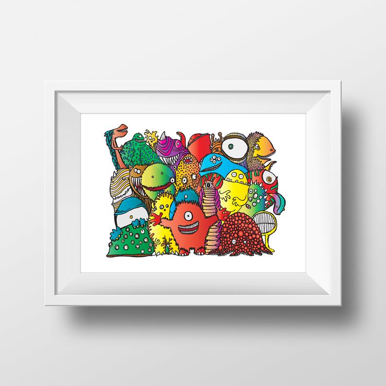 Glass Designs Dixon Does Doodles Print. An illustration print of a group of colourful and friendly monsters by Dixon Does Doodles.