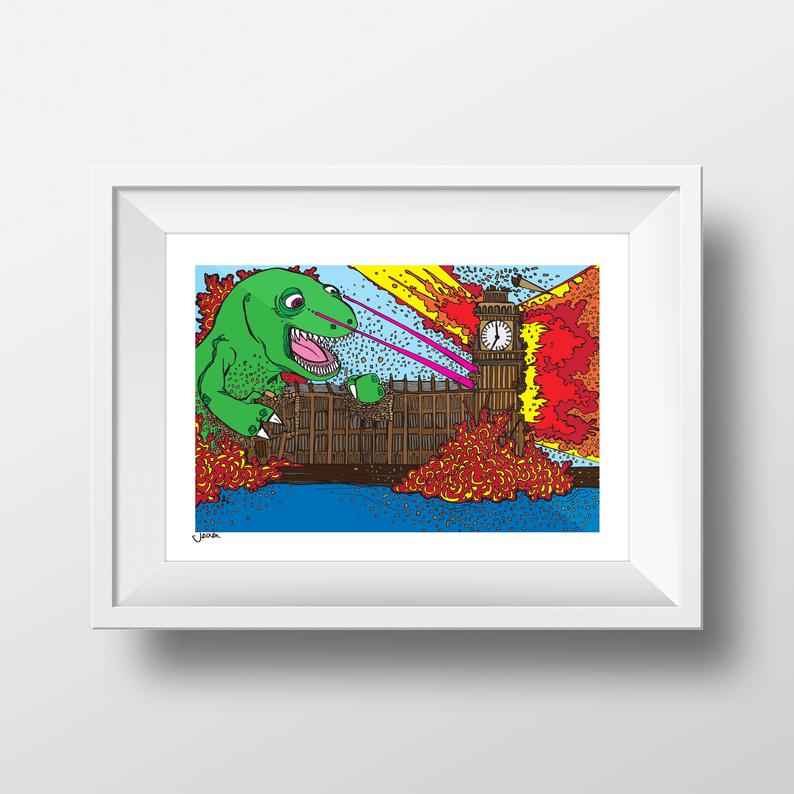 Glass Designs Dixon Does Doodles Dinosaur Destroys Parliment Print. An illustration print of a giant dinosaur blowing up the houses of parliment with his laser eyes.