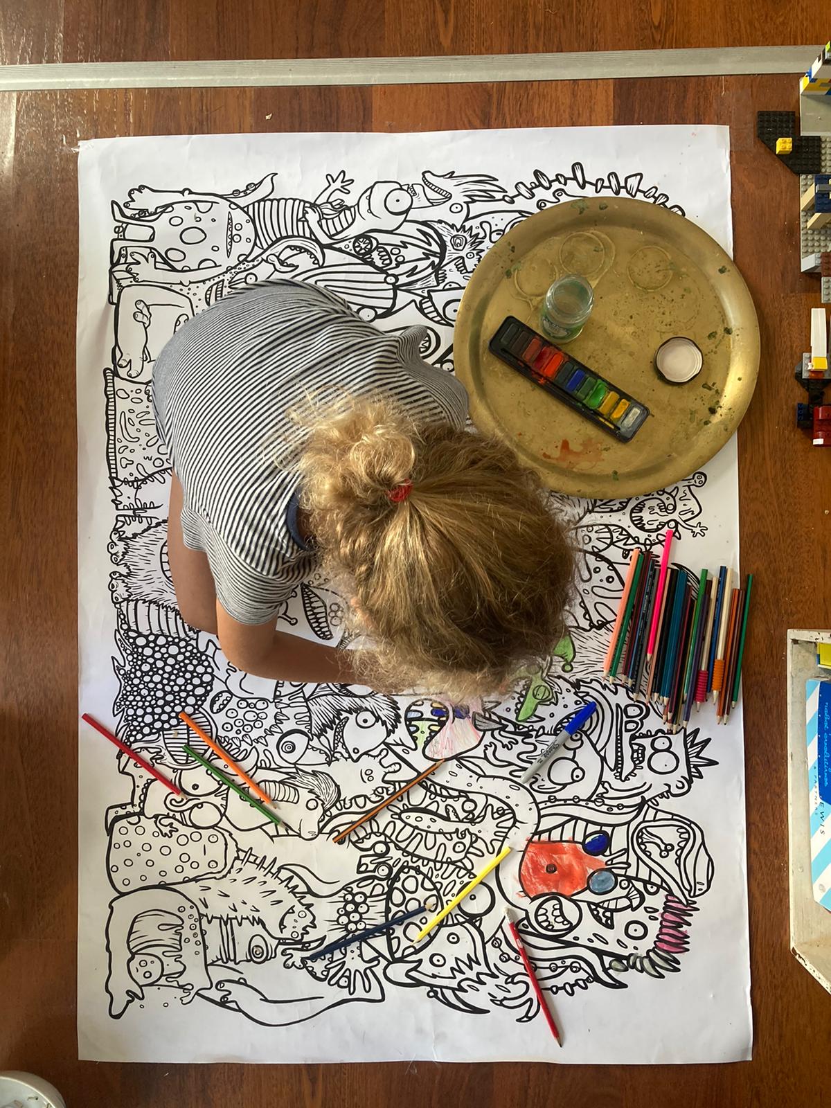 Hand drawn black line illustration of monsters in a cartoon style