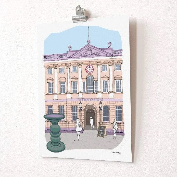 Giclee printed hand-drawn and digitally coloured illustration of St Nicholas Market, Bristol
