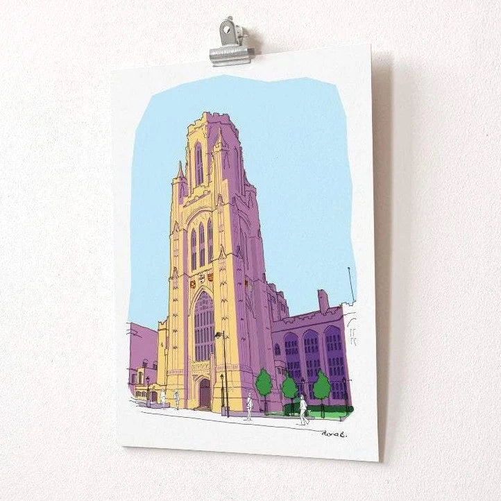 Giclee printed hand-drawn and digitally coloured illustration of the Wills Building in Bristol
