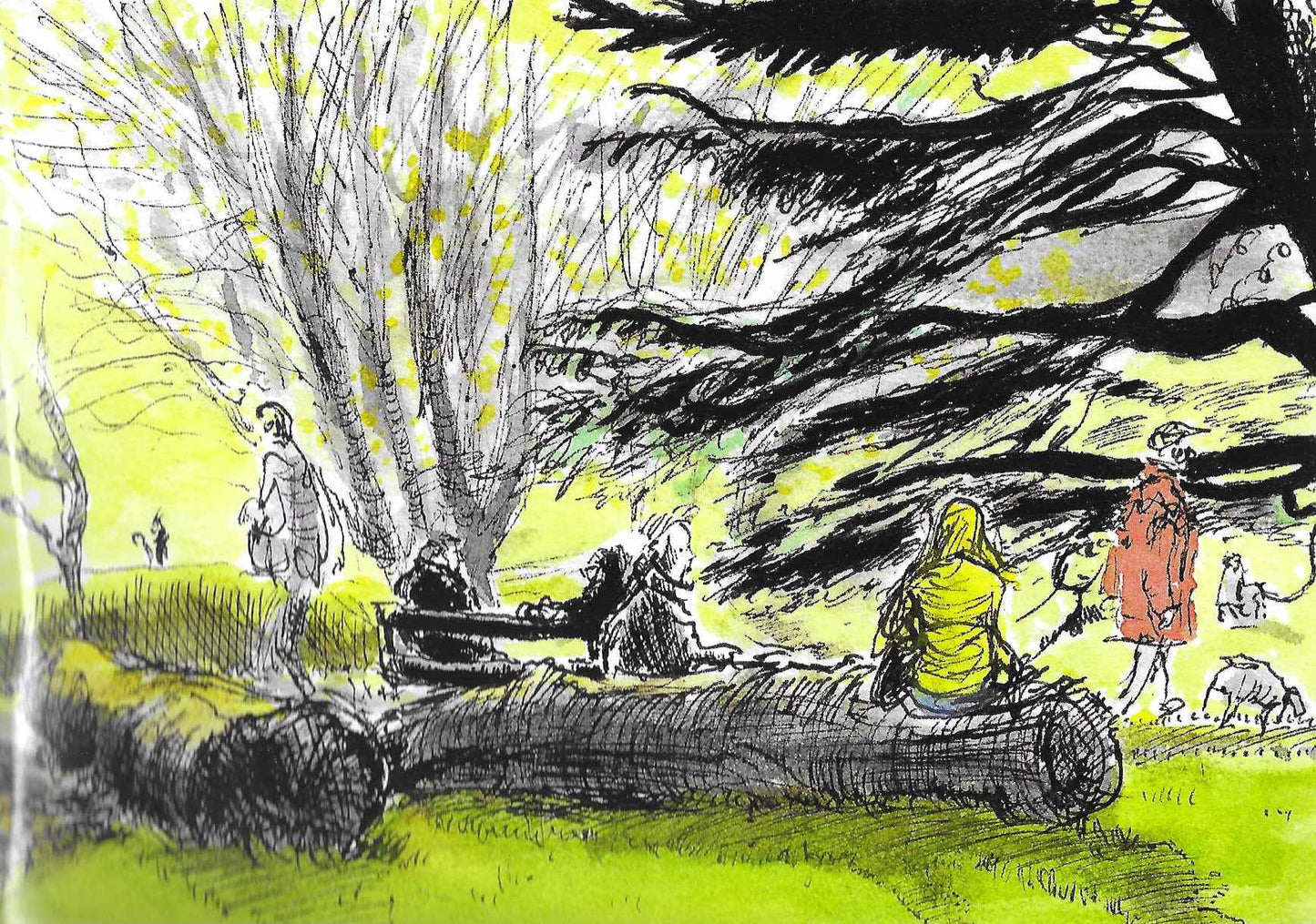 Print of drawing of people sitting on a log in Greville Smyth Park, Bristol. Black and white drawing with green wash