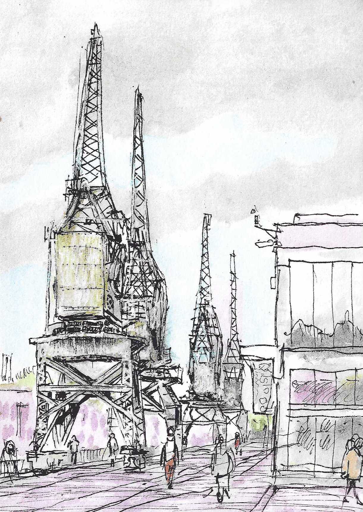 Print of drawing of historic cranes and M Shed in Bristol Docks. Black and white drawing with light colour wash