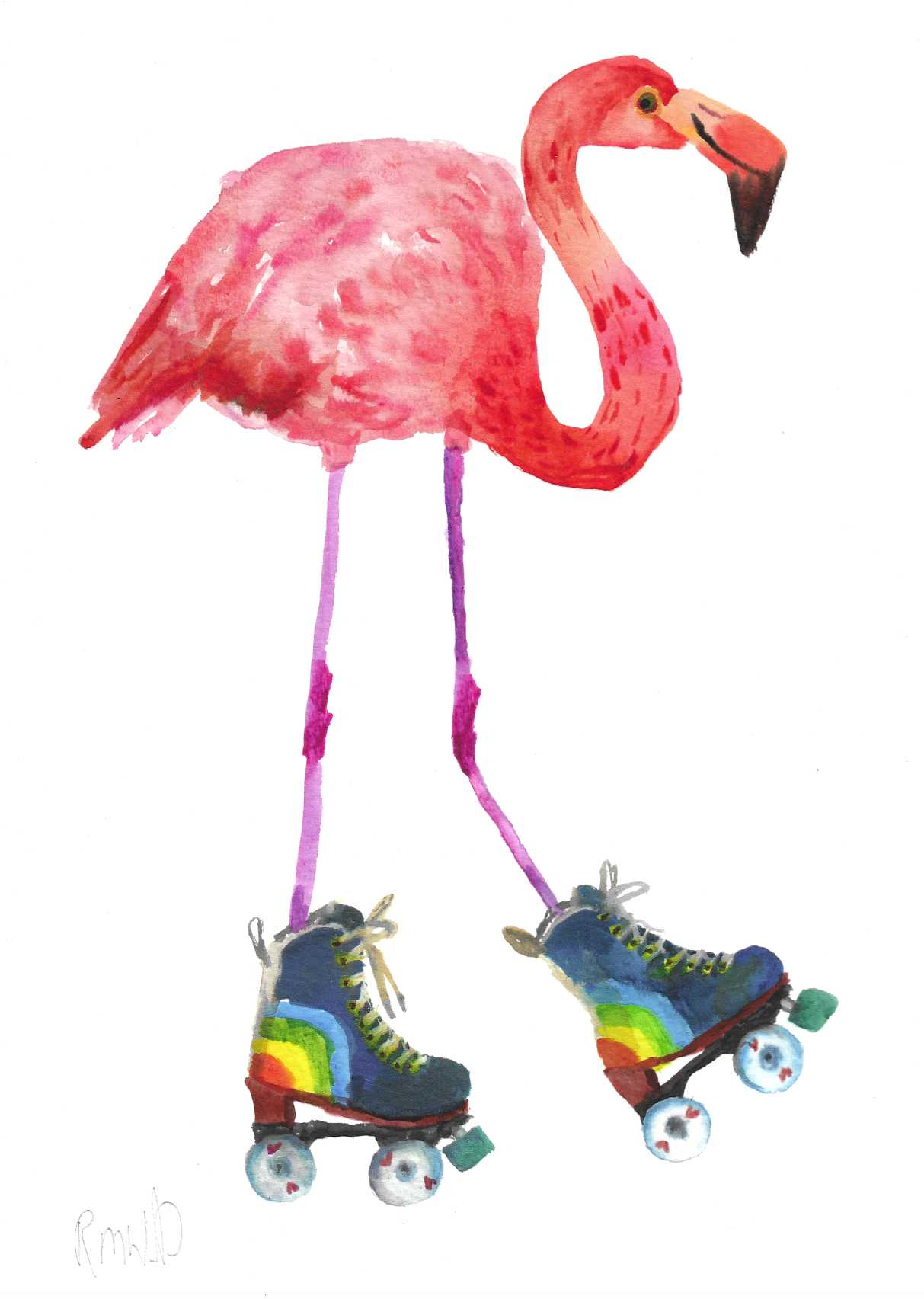 Colourful painting of a flamingo wearing rainbow coloured roller-skates