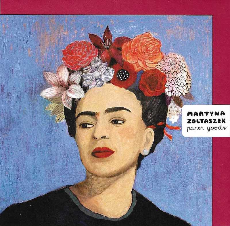 Frida Kahlo Card Print from original oil painting by Martyna Zoltaszek. Frida's hair full of flowers on a blue background.