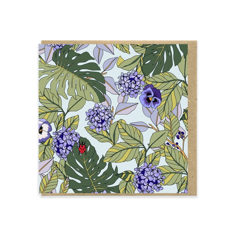 Colouful card with Monstera Plant Leaves And Flowers with ladybird on leaf