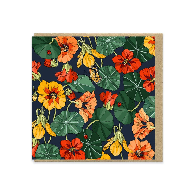 Greeting Card with colourful Nasturtium illustration