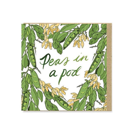 Card with peas in pods illustration and Peas In A Pod text