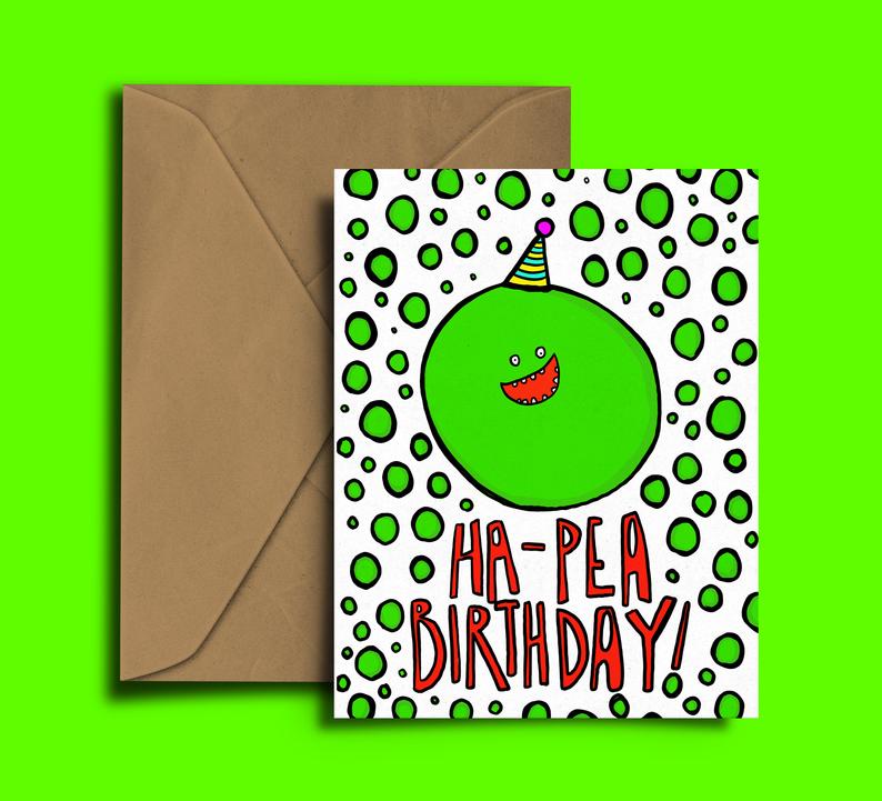 Glass Designs Dixon Does Doodles card with a smiley pea wearing a party hat