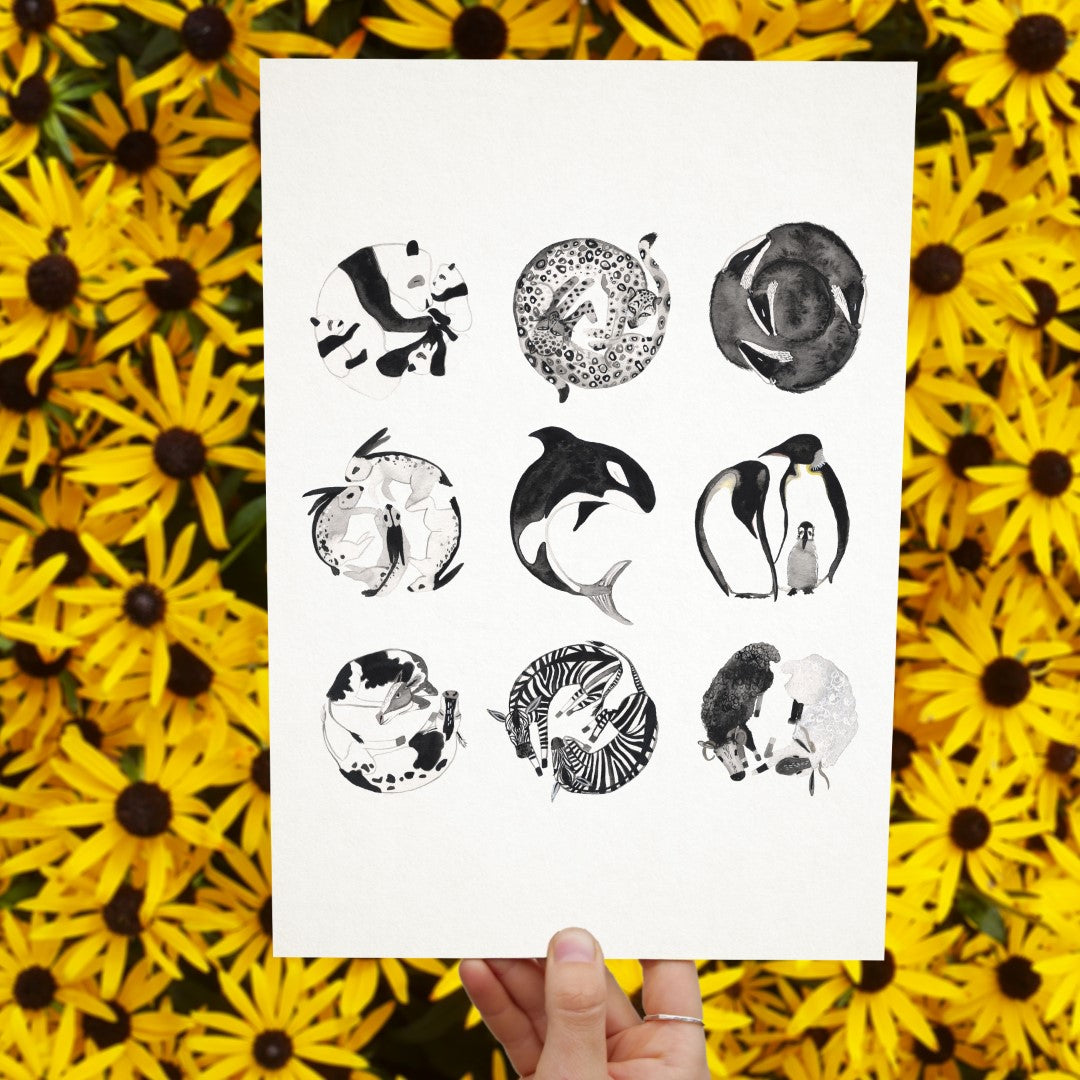Giclee print on watercolour art paper. Handmade in Bristol. Shows nine animal couples in black and white