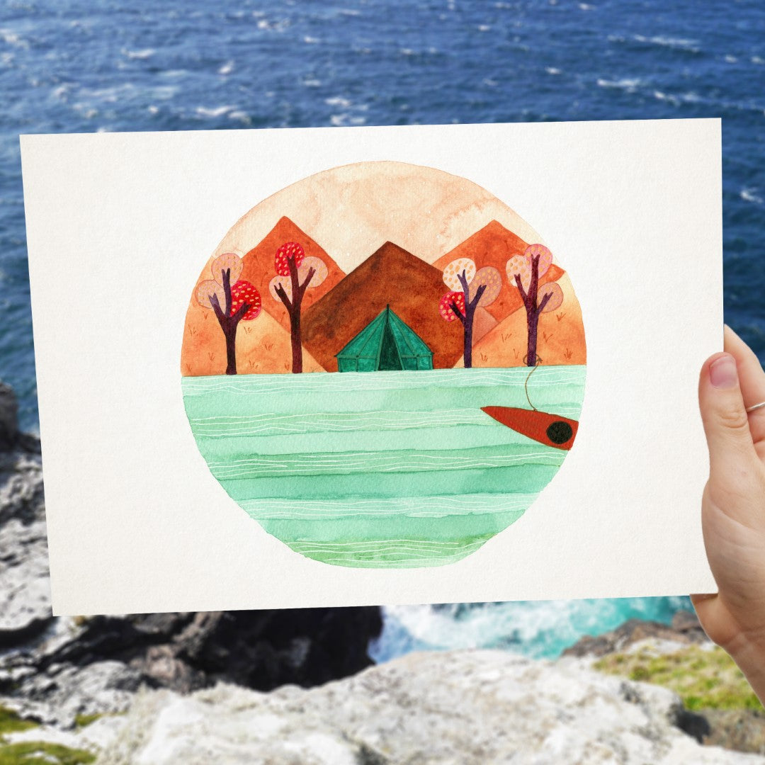 Giclee print on watercolour art paper. Handmade in Bristol. Shows colourful illustration of a tent with mountains and lake with boat