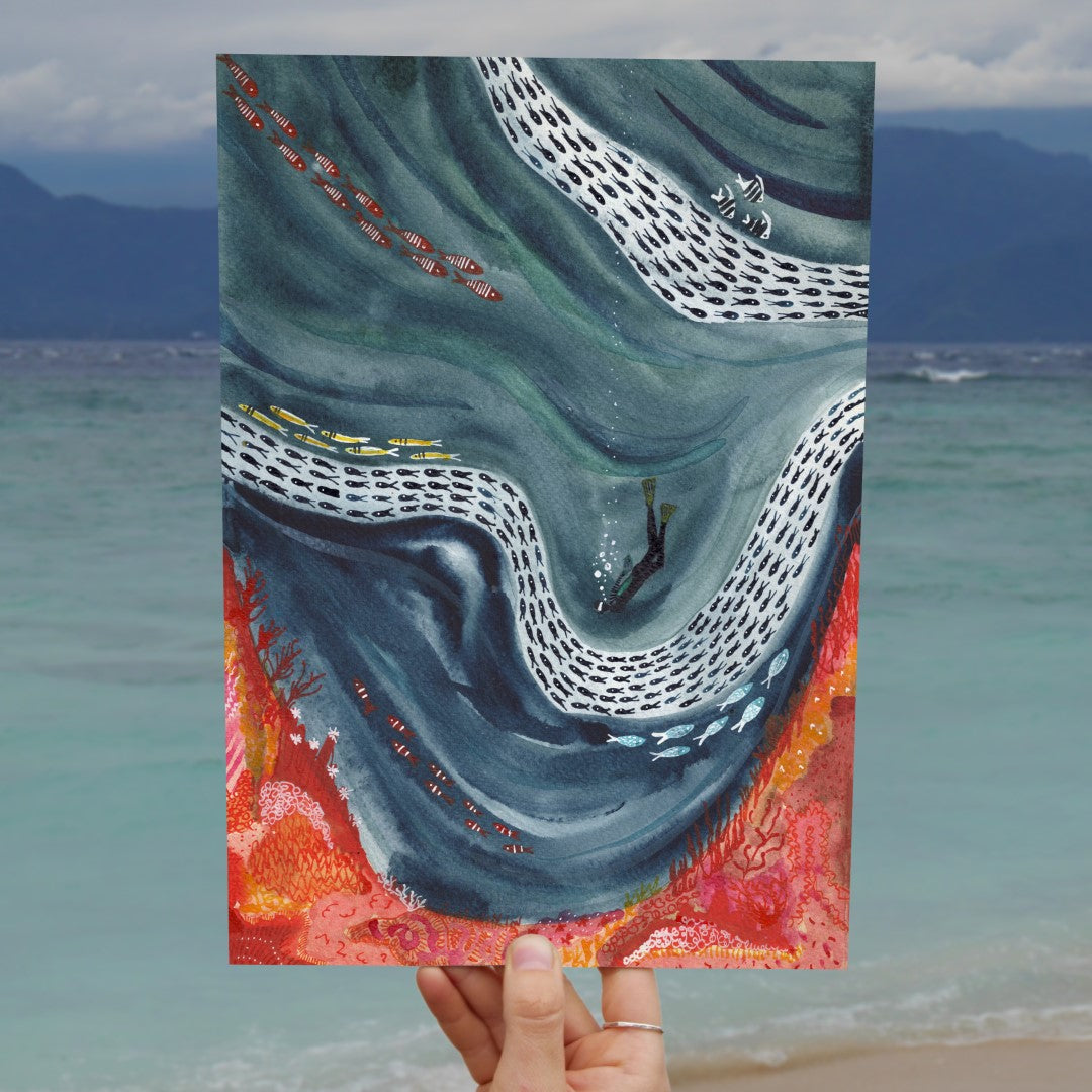Colour semi abstract painting of diver and fish in the sea. Giclee print on watercolour art paper. Handmade in Bristol.