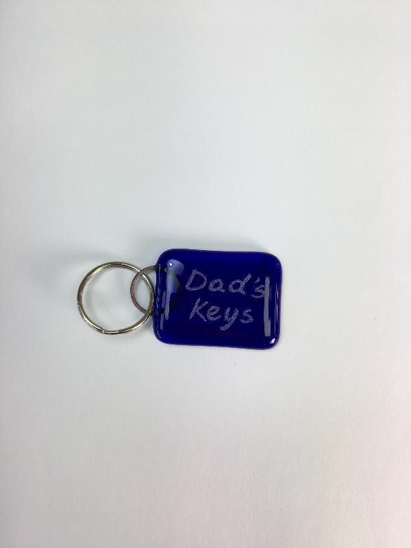 Bristol Blue Glass keyrings each individually engraved. Handmade at Glass Designs a Bristol gift shop.