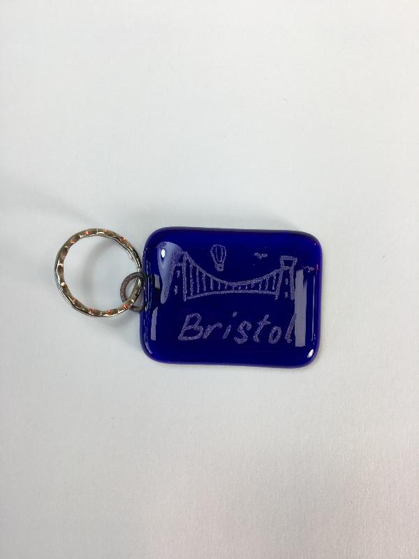 Bristol Blue Glass keyrings each individually engraved. Handmade at Glass Designs a Bristol gift shop.