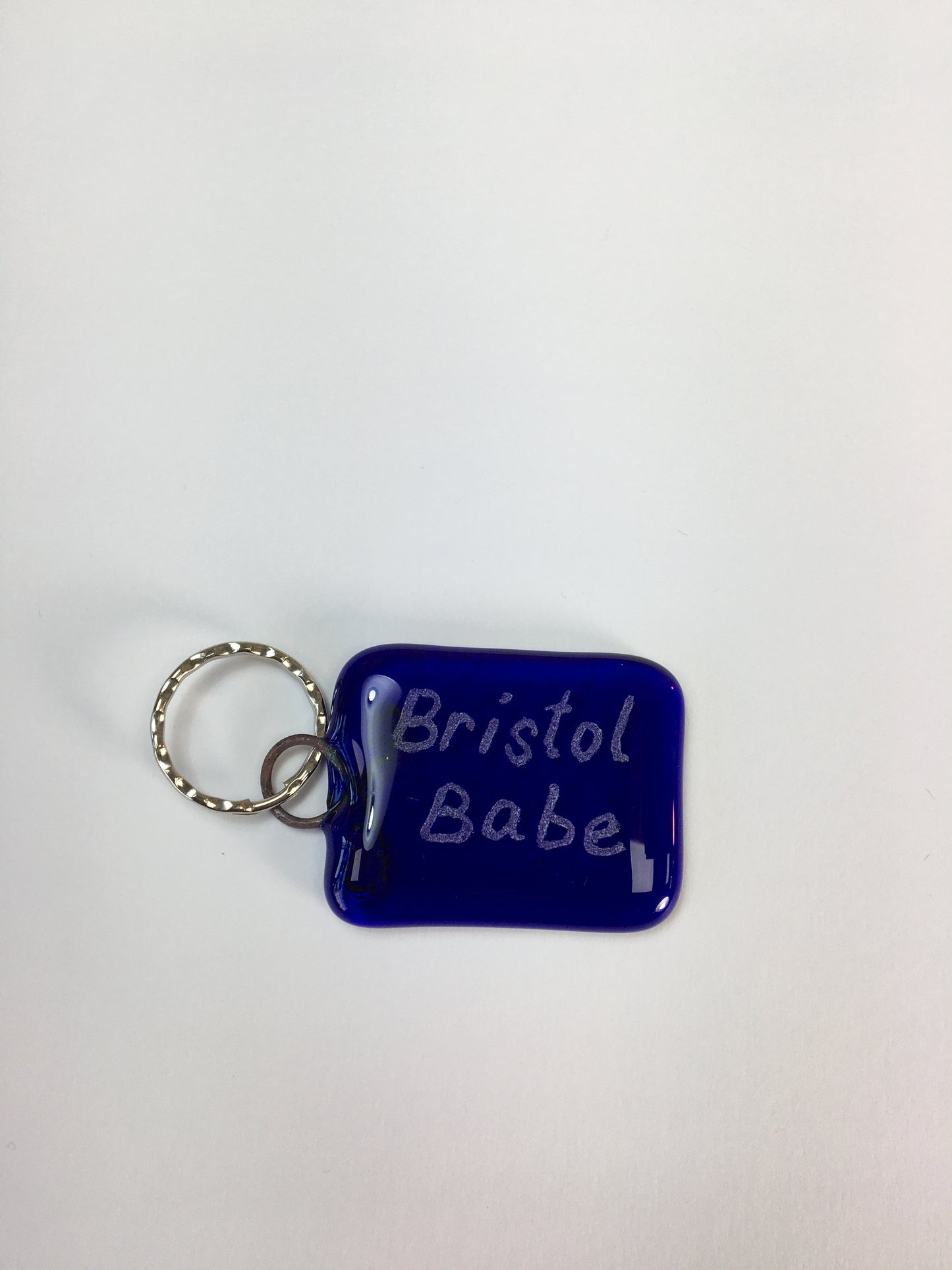 Bristol Blue Glass keyrings each individually engraved. Handmade at Glass Designs a Bristol gift shop.