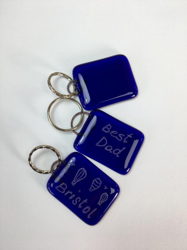 Bristol Blue Glass keyrings each individually engraved. Handmade at Glass Designs a Bristol gift shop.