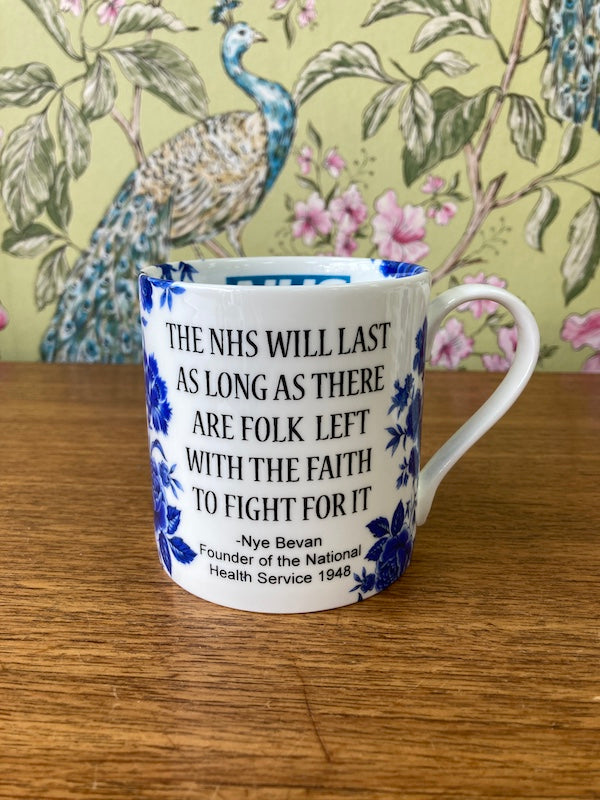 NHS Bone China Mug, with quotes from Nye Bevan, made in Bristol by Stokes Croft China.