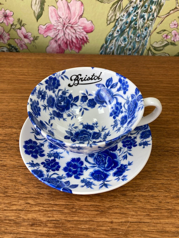 Bristol Blue Rose Tea cup and saucer made by Stokes Croft China in Bristol.
