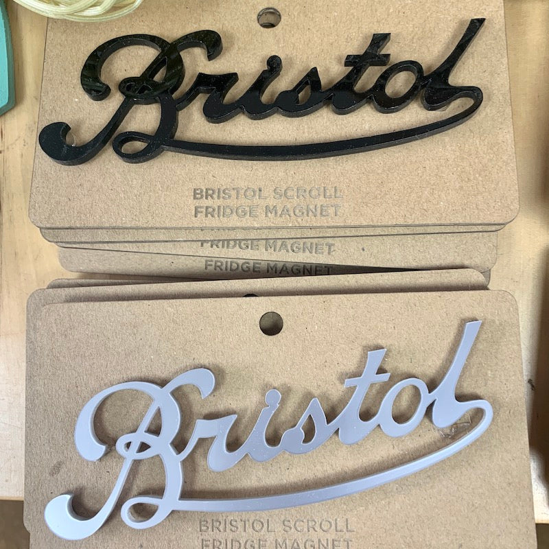 The Bristol Scroll laser cut fridge magnet in a variety of colours.