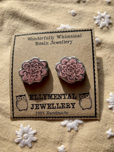 Quirky pink flower stud earrings. Layered paper, metal and resin, handmade in Cardiff by Ellymental.