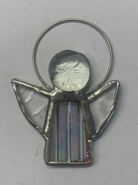 Stained Glass Angels. Individually made by hand. Many colour choices and variations. A choice of a clear or amber nugget head. The glass texture may vary slightly from the photographs. The clear glass wings will vary in texture too. Size 5cm x 7cm including halo. Glass is cut to shape and copperfoiled, followed by soldering all the pieces together. Handmade by Dadswell Glass at Glass Designs in Bristol.
