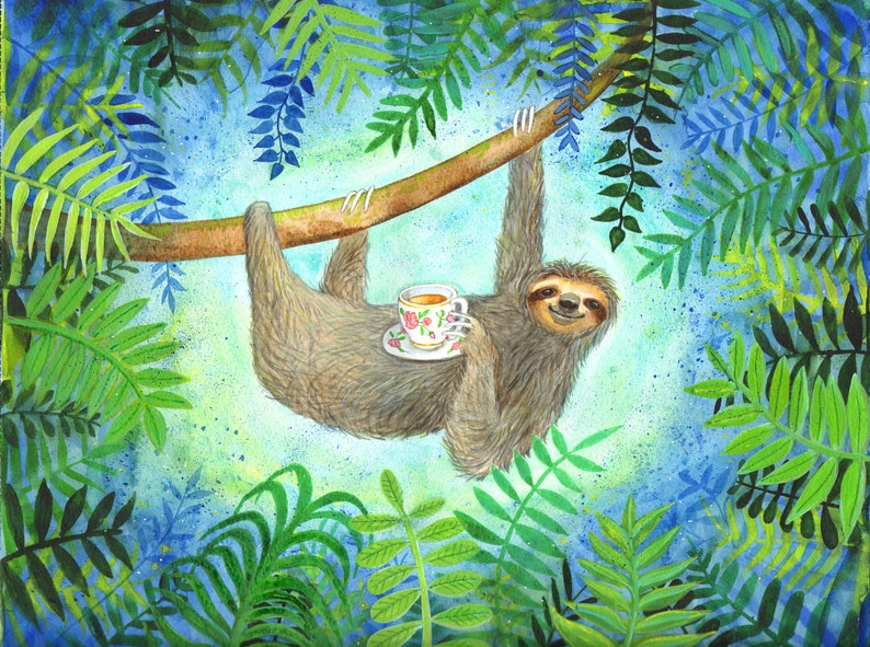 Sloth in a tree with a cup of tea. Signed, limited edition giclee print by artist Laura Robertson from Bristol UK