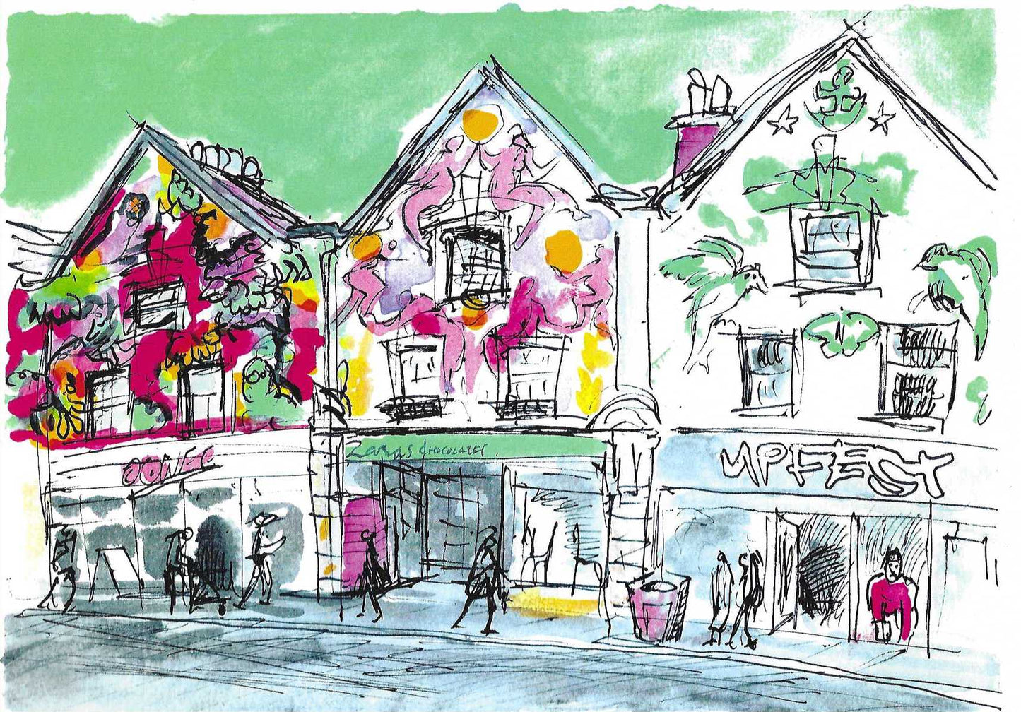 Print of ink and colour wash illustration of graffiti shops in North Street, Bristol