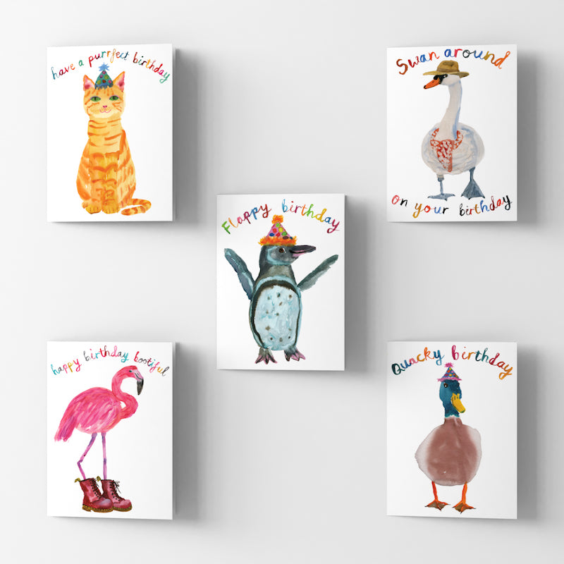 Bristol based watercolour illustrator Rosie Webb pack of five birthday cards. Have a perfect birthday, cat in a party hat. Swan around on your birthday, swan in a hat and scarf. Flappy Birthday penguin in a party hat. Happy birthday beautiful a flamingo in docs. Quacky Birthday a duck in party hat.