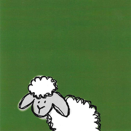 Card with hand drawn white sheep on grass green background