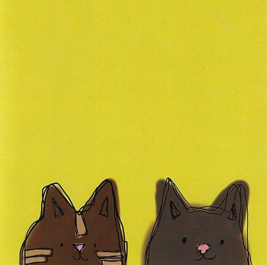 Card with two brown cats heads hand drawn on a yellow background
