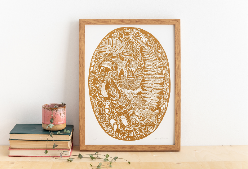 Oval illustration Of Fox Surrounded By Rainforest Plants