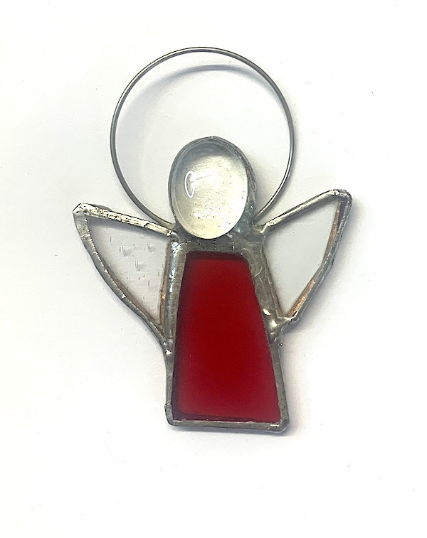 Small Stained Glass Angels with Clear/Amber or Silver nuggets for heads, tinned copper wire halos. A variety of dress colours available and clear glass wings.
