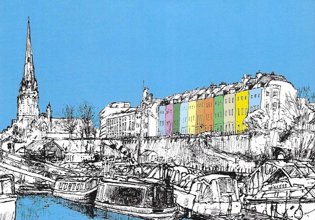 Print of drawing of houses, church and boats in Redcliffe, Bristol. Black and white with houses highlighted in colour and blue wash on sky.