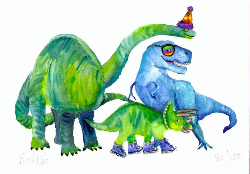 Colourful print of two green and one blue dinosaurs in party hat glasses and boots respectively