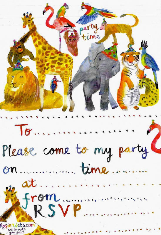 Colourful party invites with animal paintings