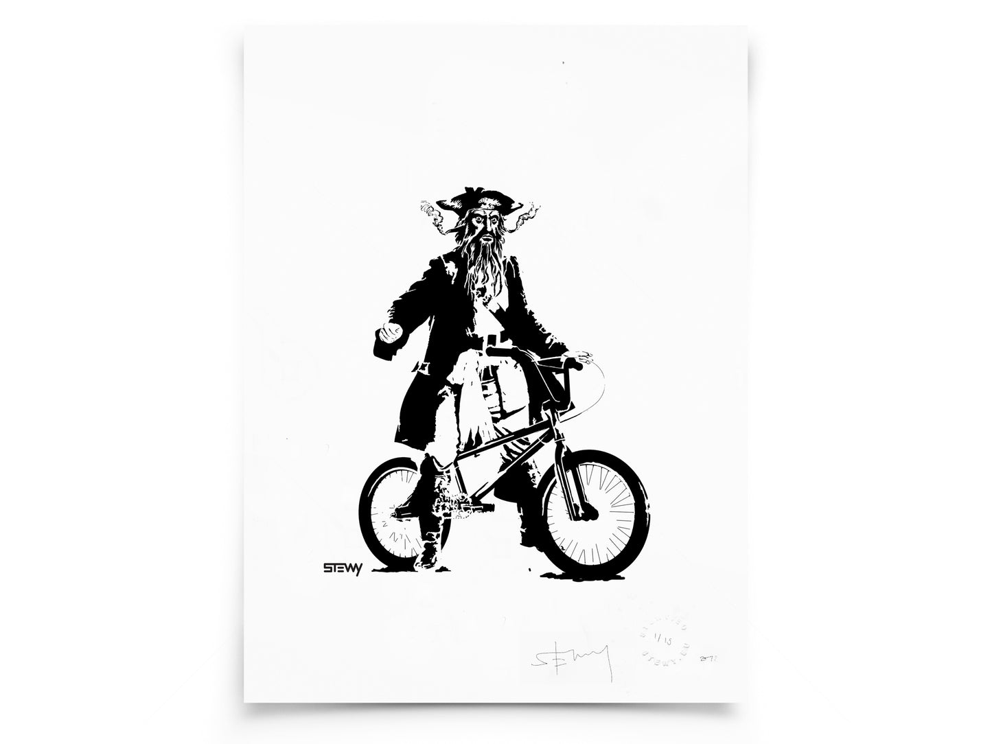 Glass Designs Stewy Unframed Blackbeard Portrait Print. Black and white illustration. Print taken from life size stencils from Bristol street artist Stewy.