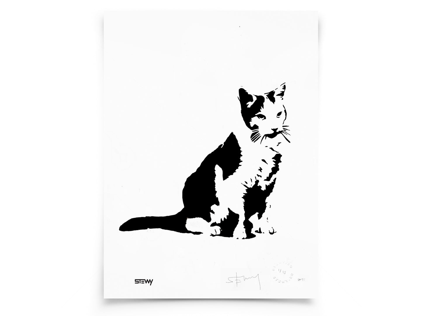 Glass Designs Stewy Unframed Cat Print. Black and white illustration. Print taken from life size stencils from Bristol street artist Stewy.