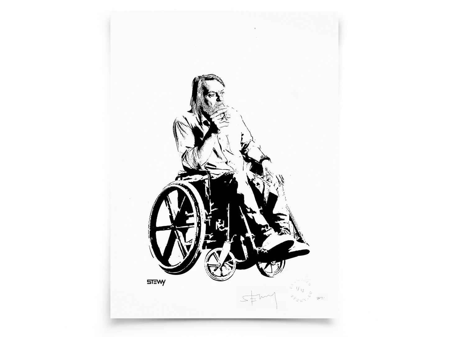 Glass Designs Stewy Robert Wyatt Print. Black and white illustration. Print taken from life size stencils from Bristol street artist Stewy.