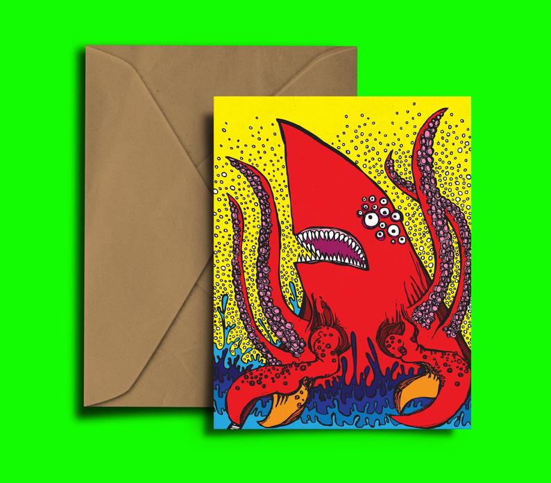 Glass Designs Dixon Does Doodles card with a picture of a red shark octopus creature