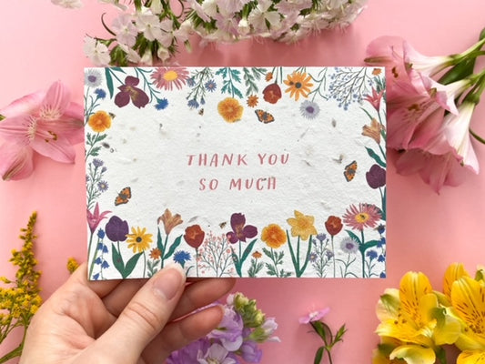 Plantable Thank You Card with flowers surrounding message on white background