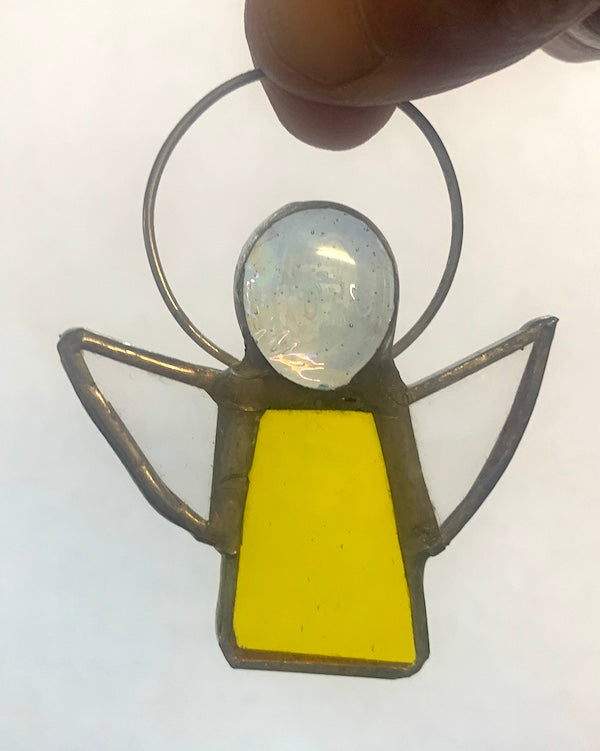 Small Stained Glass Angels with Clear/Amber or Silver nuggets for heads, tinned copper wire halos. A variety of dress colours available and clear glass wings.