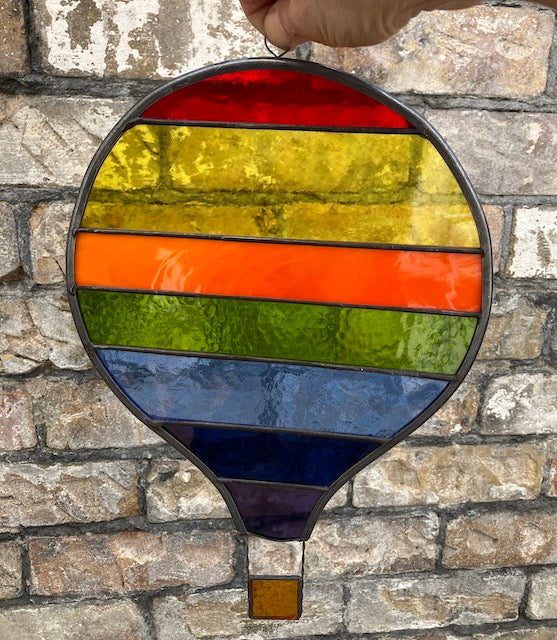 Stained Glass Rainbow Striped Hot Air Balloon, made Dadswell Glass at Glass Designs a Bristol Gift shop.