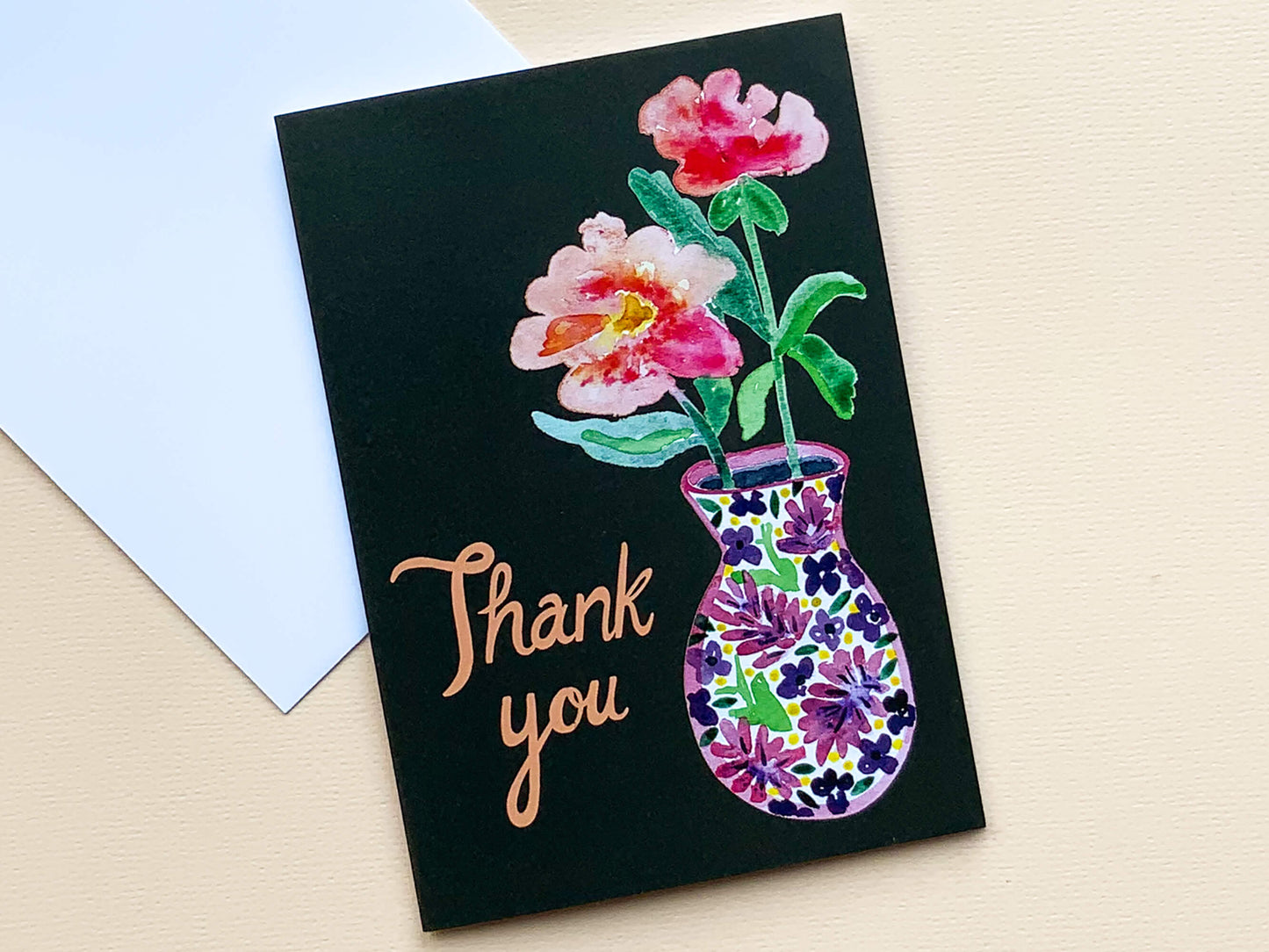 Pack of 5 Thank you cards by Thea & Fox. Printed with eco friendly prints on 100 % recycled card. 5 individual water colour paintings of flowers in vases. Designed in Bristol.