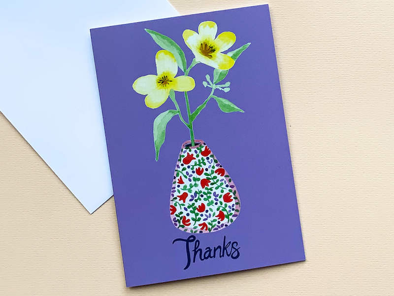 Pack of 5 Thank you cards by Thea & Fox. Printed with eco friendly prints on 100 % recycled card. 5 individual water colour paintings of flowers in vases. Designed in Bristol.
