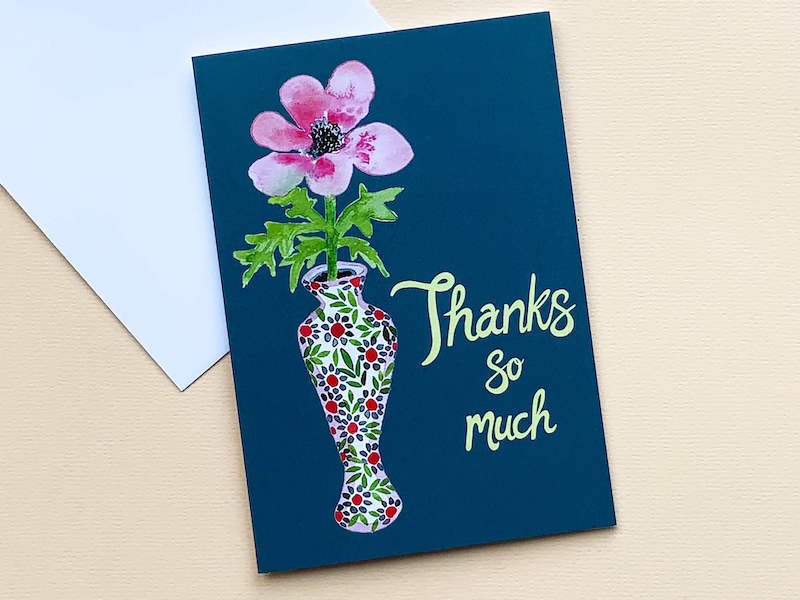Pack of 5 Thank you cards by Thea & Fox. Printed with eco friendly prints on 100 % recycled card. 5 individual water colour paintings of flowers in vases. Designed in Bristol.