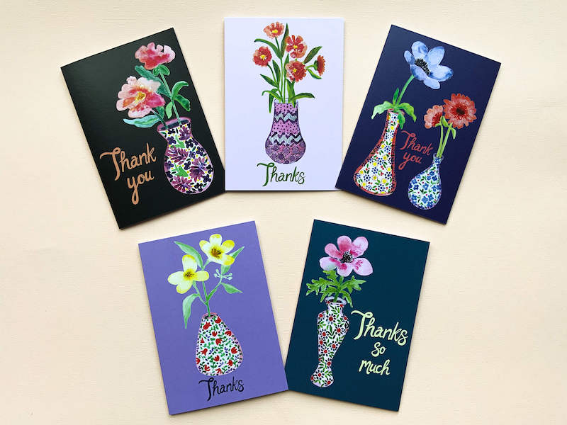 Pack of 5 Thank you cards by Thea & Fox. Printed with eco friendly prints on 100 % recycled card. 5 individual water colour paintings of flowers in vases. Designed in Bristol.