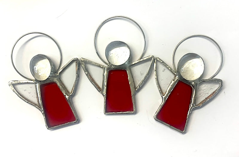 Small Stained Glass Angels with Clear/Amber or Silver nuggets for heads, tinned copper wire halos. A variety of dress colours available and clear glass wings.