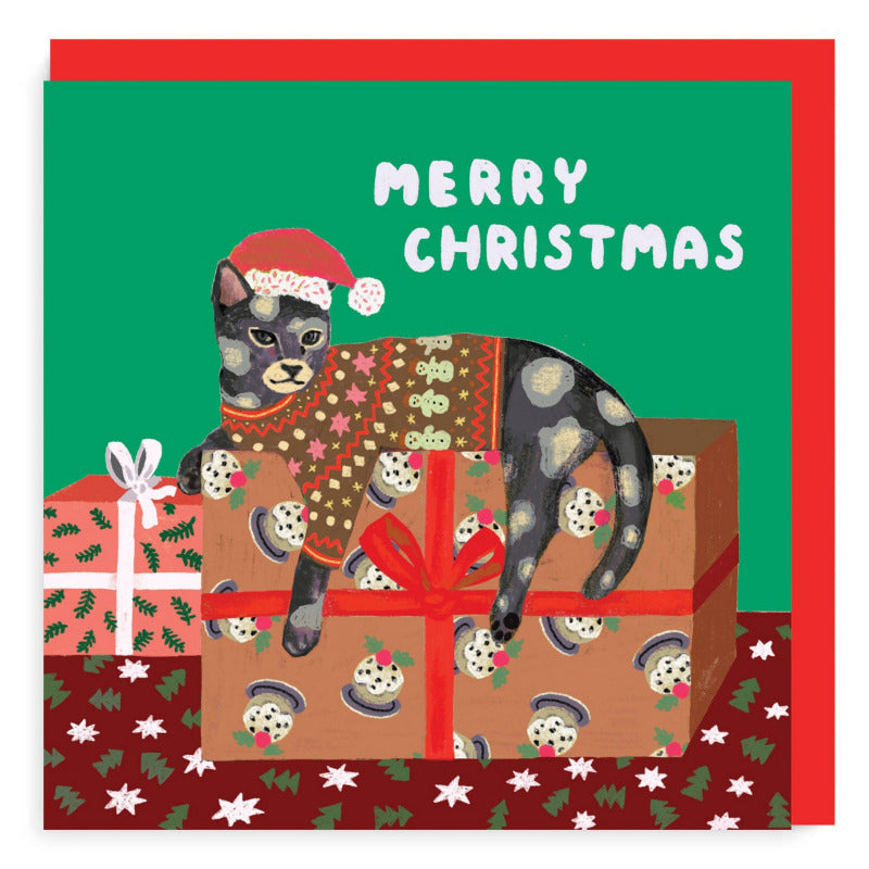 Merry Christmas card with folk style colour illustration of a cat in santa hat and jumper lying on a present.